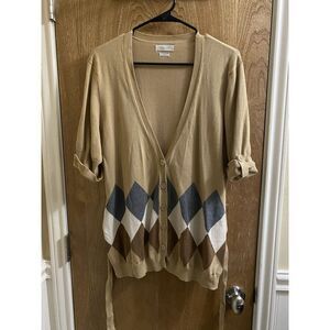 Vintage Van Heusen Tan Button Up Cardigan Waist Tie Gray/White/Brown Argyle Sz L